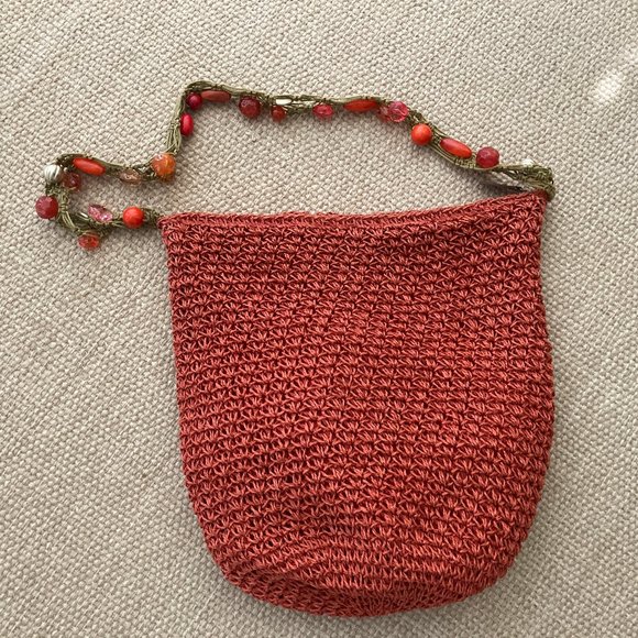 Poppie Orange Beaded  Raffia  Straw Crochet Hobo Handbag - Picture 1 of 6